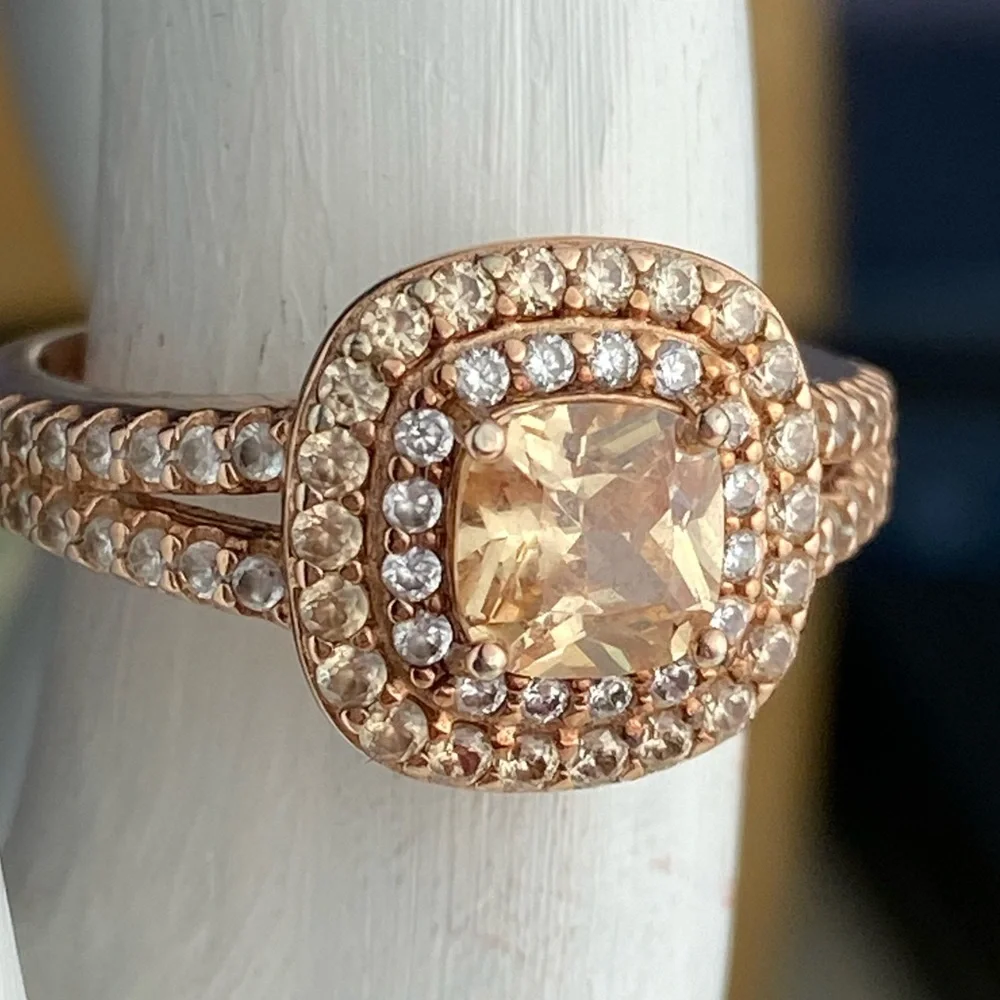 14K Rose Gold Plated Sterling Cushion Cut Champaign Cubic Zirconia Double Halo